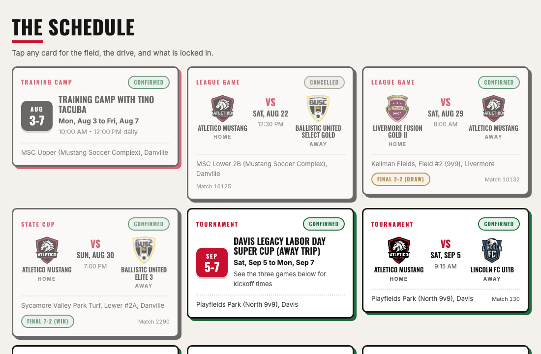 The team schedule page: game cards showing opponent crests, kickoff times, fields and final scores.